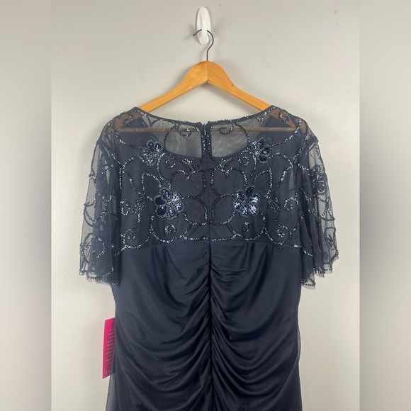 Xscape Plus Size Long Beaded Sequin Illusion Neckline Jersey Dress 18W Navy FLAW - Picture 10 of 15